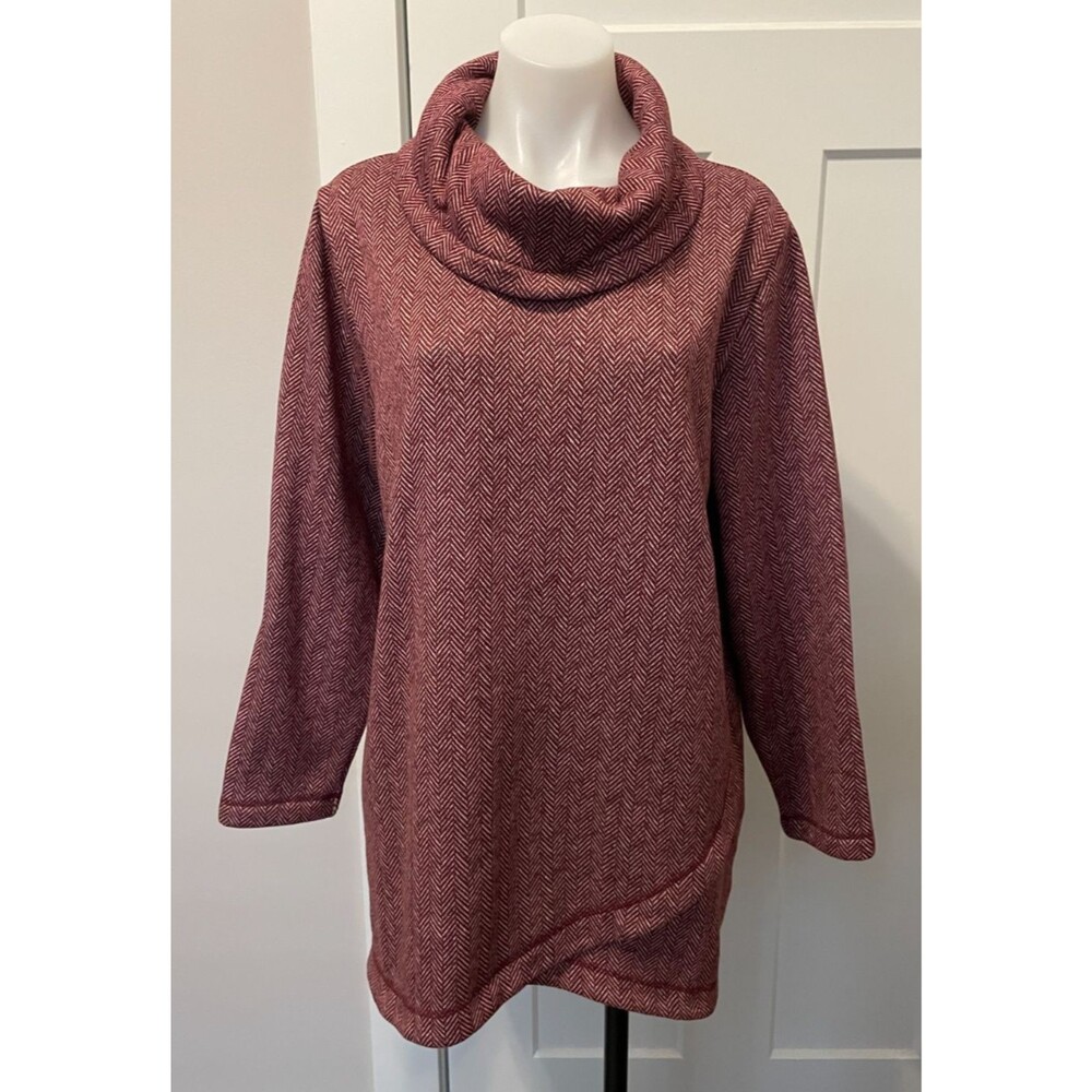 LANDS END Womens SWEATER Long Sleeve BURGUNDY Cowl Neck Fleece Lined Size XLP/18